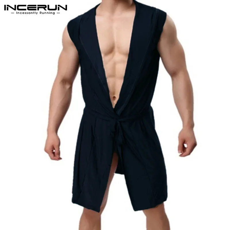 INCERUN Men Robes Pajamas Hooded Sleeveless Men Bathrobes Casual Robe