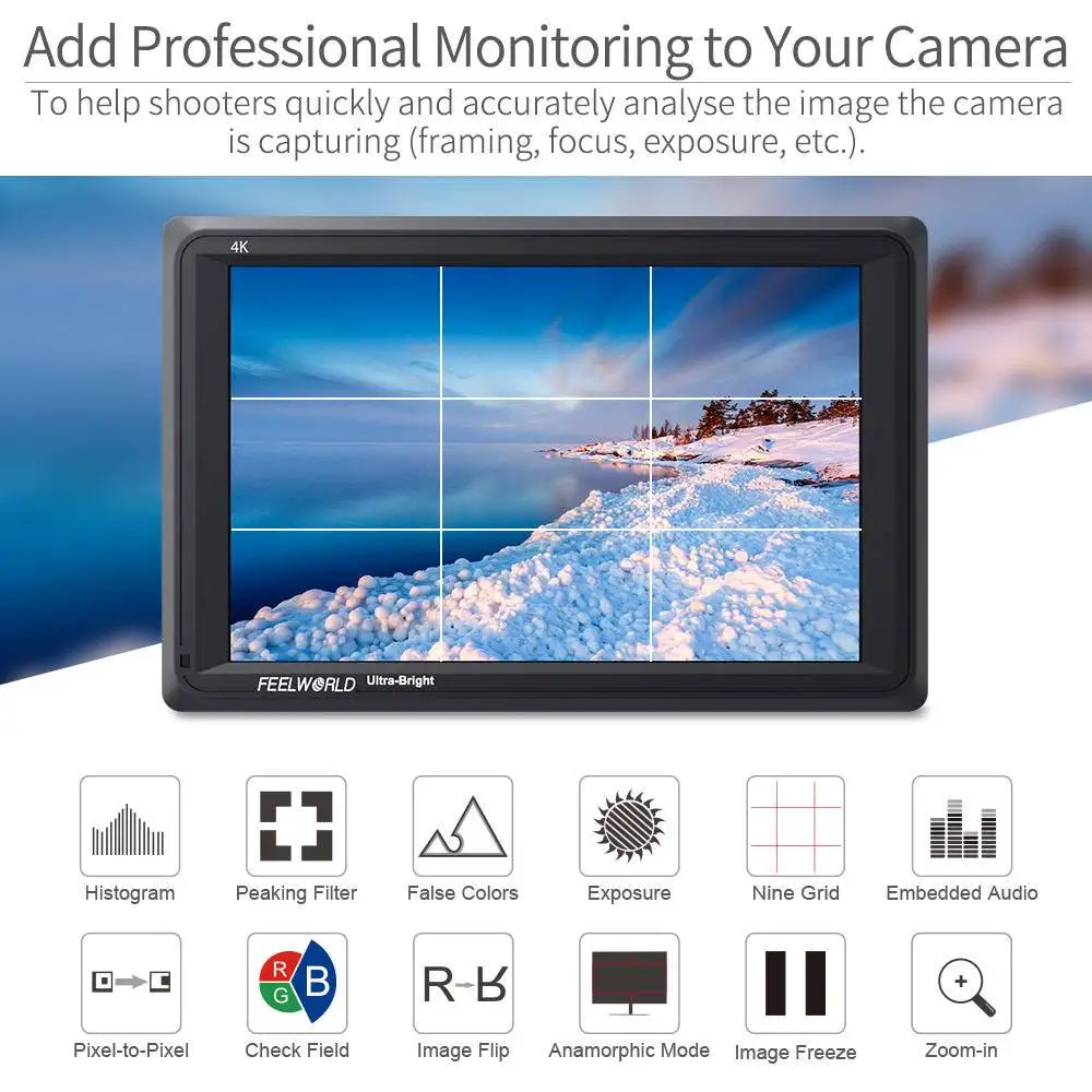 Feelworld FW279 7 inch Ultra Bright 2200nit DSLR Camera Field Monitor 4K HDMI Full HD 1920x1200 LCD