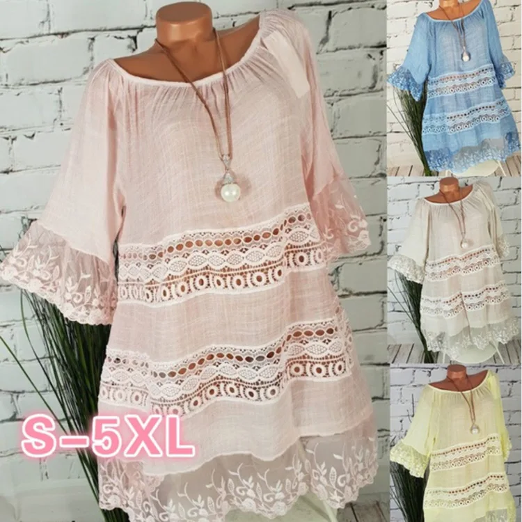 

2019 summer large size Women's Dresses casual fashion mesh lace openwork stitching round neck pleated Dresses