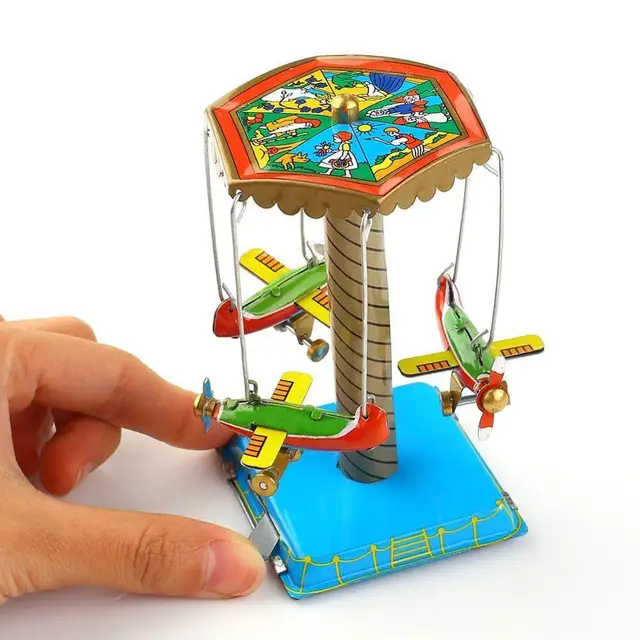Wind Up Toys Gift Fairground Carousel Airplane Planes Mechanical Tin