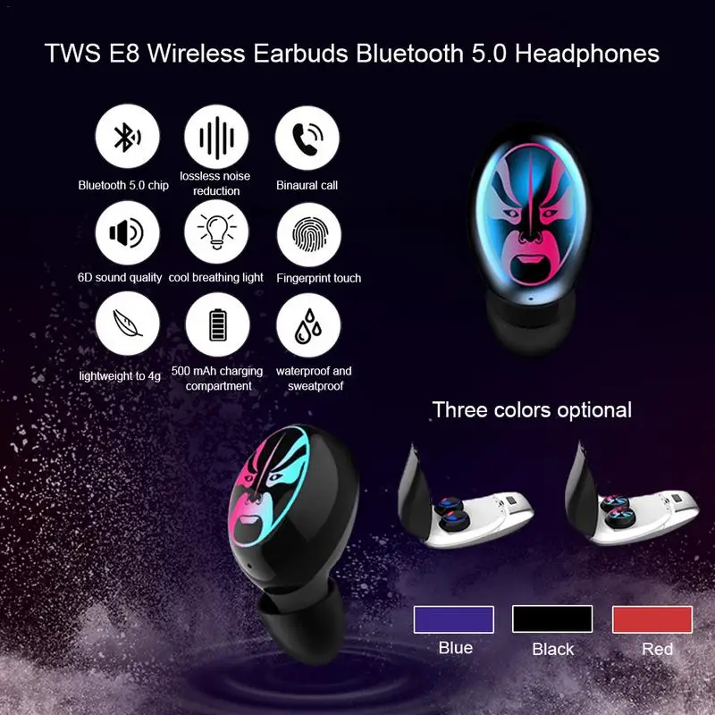 

TWS E8 Wireless Earbuds Bluetooth 5.0 Headphones Sports Metal Charging Case TWS Stereo HiFi Mini Earphones With LED Light