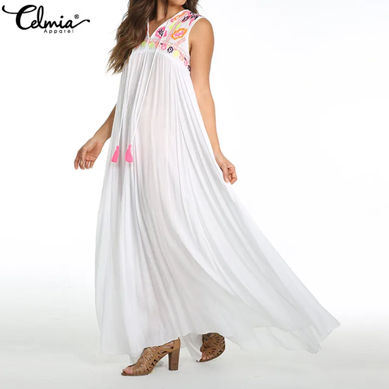 

Celmia Women's Bohemian Dress 2019 Summer Beach Sleeveless Long Dresses Sexy V Neck Casual Loose Printed Maxi Vestidos Plus Size