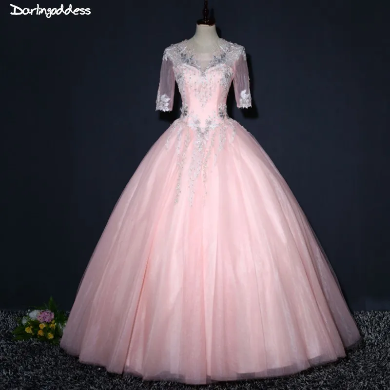 Новые розовые платья Quinceanera мяч халат с рукавами до локтя Сладкий 16 платья светится в течение 15 лет Дешевые Длинные платье для выпускного вечера и фуршетов великолепные