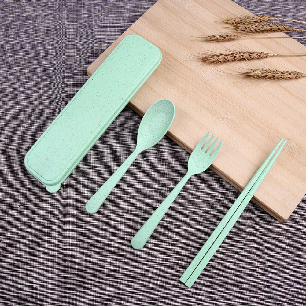 Portable Tableware Cutlery Set Wheat Straw Chopsticks Fork Spoon for Children Adult Train Camping Travel Set(Blue) | Дом и сад