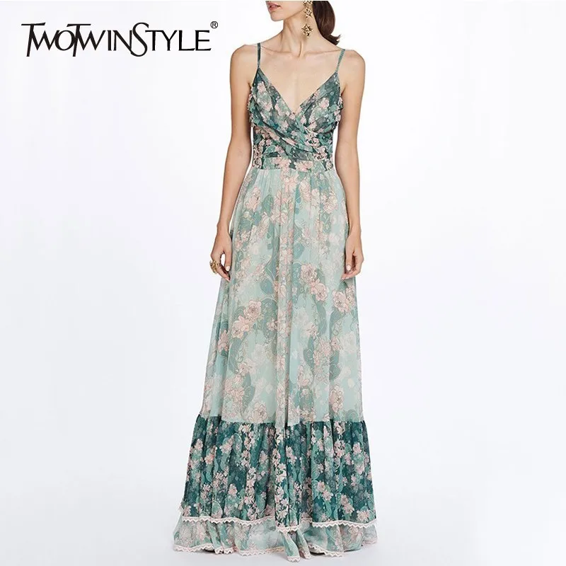 

TWOTWINSTYLE Patchwork Print Dresses Women V Neck Sleeveless High Waist Maxi Pleated Dress Female Casual Fashion 2019 Summer