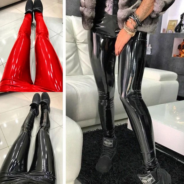 High Waist Shiny Pu Leather Pencil Pants Zipper Back Women Faux