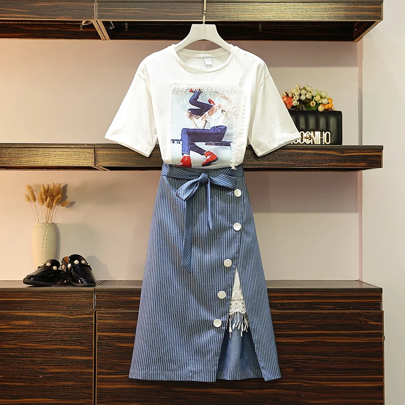 

5XL Large Size Clothing Suit Women Character Cartoon Cotton T-shirt + Striped Zipper Single Breasted Split Skirt 2PCS Skirts Set