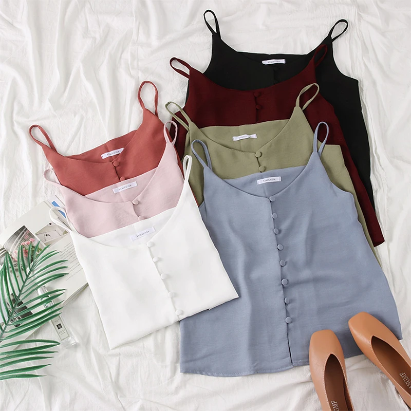 

2019 Summer Women Candy Color Tank Tops V-neck Buttons Solid Color Camis Tops