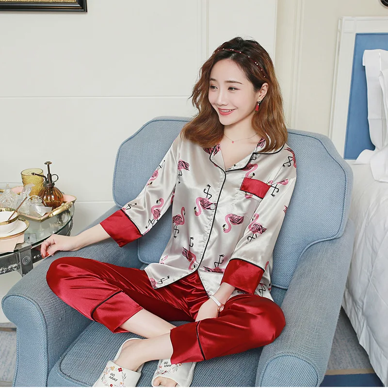 

2019 Silk Pajamas For Women Flamingo Pajamas Set With Pants Summer Pyjamas Women Satin Sleepwear Pijama Mujer 2 Piece Sets