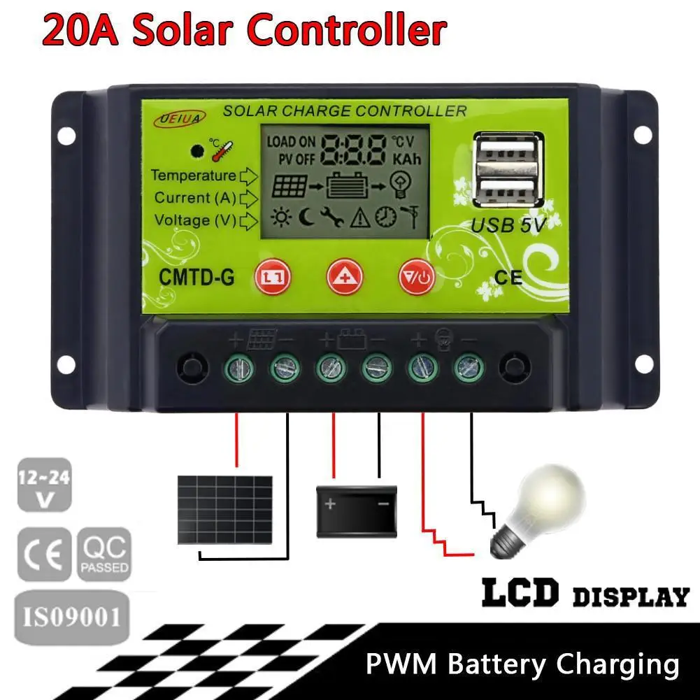 Хорошее качество авто панели солнечные батарея Контроллер заряда 20A ЖК дисплей Солнечный коллекторный регулятор с USB выход