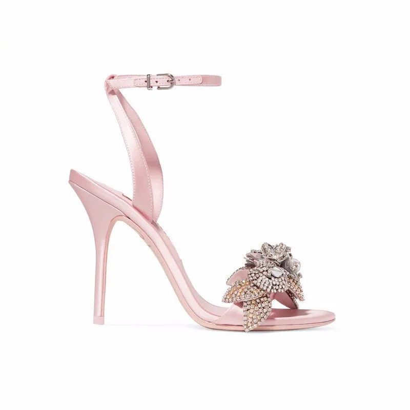 

Qianruiti Pink Silk Ankle Strap Stiletto Heels Women Sandals Summer Peep Toe High Heels Wedding Shoes Bling Crystal Women Pumps