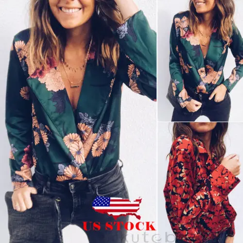 

US Women Deep V-neck Blouse Chiffon Long Sleeve Loose Casual Shirt Tops Bodysuit