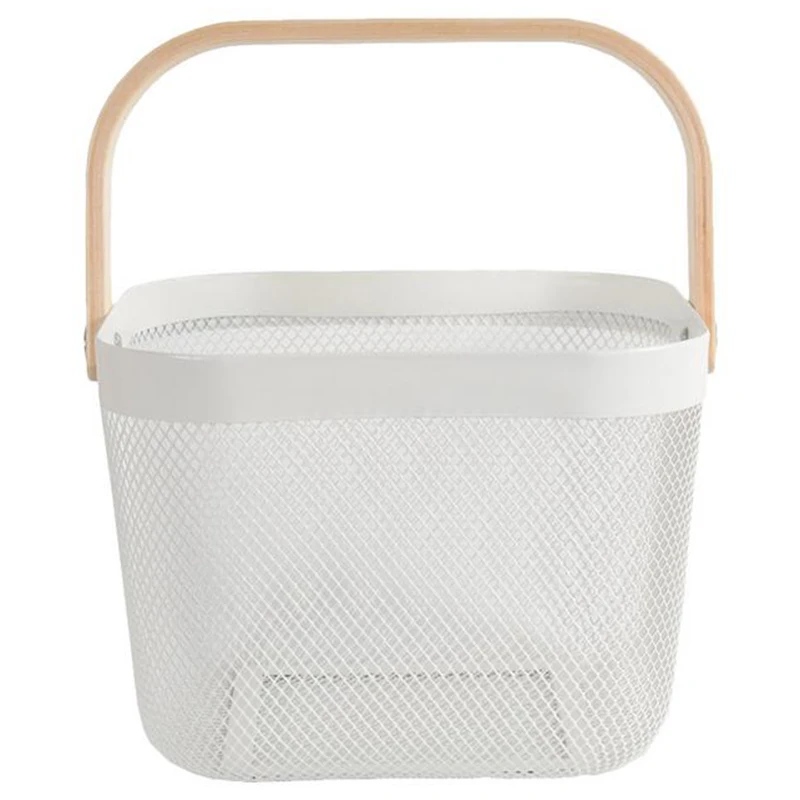 

SNNY-Candy Colors Wood Handle Fruit Vegatable Basket Metal Mesh Storage Bag Basket Organizer