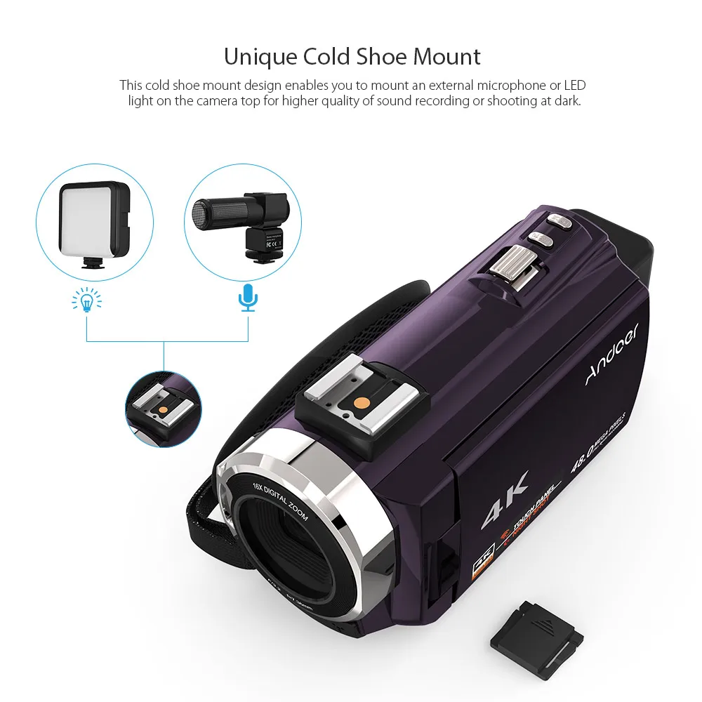 Andoer 4K видеокамера 1080P Цифровая видеокамера с 0.39X широкоугольным макрообъективом+ внешний микрофон+ светодиодный светильник+ сумка для камеры