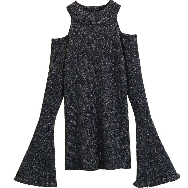 2018 autumn Korean version of the slim sweater women's head fashion hollow open shoulder ruffled shirt trumpet sleeve sweater