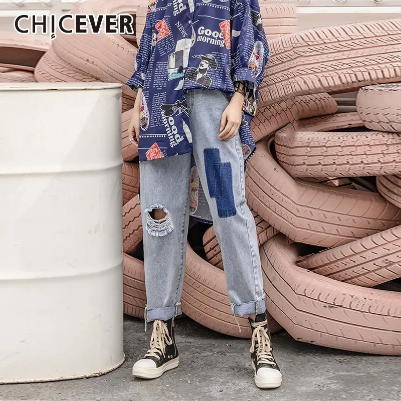 CHICEVER летние лоскутные джинсовые женские брюки с дырками на коленях эластичным