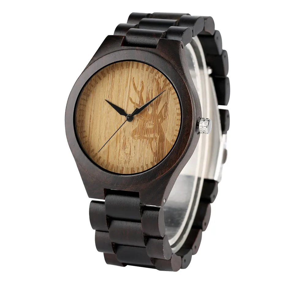 

Elk Deer Head Design Men Wooden Watches Bracelet Clasp Black Wood Band Wrist Watch Men Casual Sport Male Watches Timepieces Gift