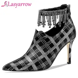 Lasyarrow/Обувь для вечеринок из натуральной кожи на высоком каблуке-шпильке, женская обувь на тонком каблуке с острым носком и ремешком на