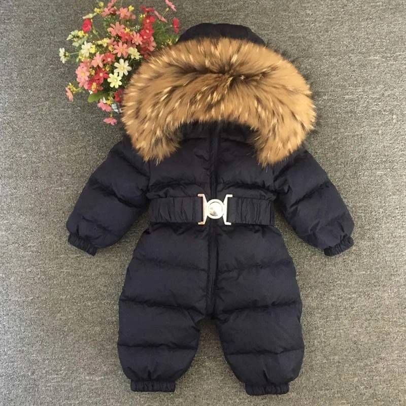 

Baby Rompers Winter Boys Girls Newborn 90% White Duck Down Thick Snowsuit Infant Big Fur Hooded Jumpsuit Clothes Ski Suit