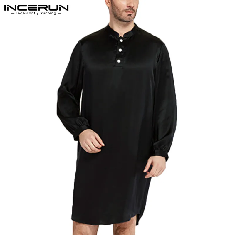 INCERUN Men Robe Pajamas Soft Faux Silk Satin Long Sleeve Casual Men Bathrobe Sleepwear Homewear Men Clothing 2019 Spring 5XL
