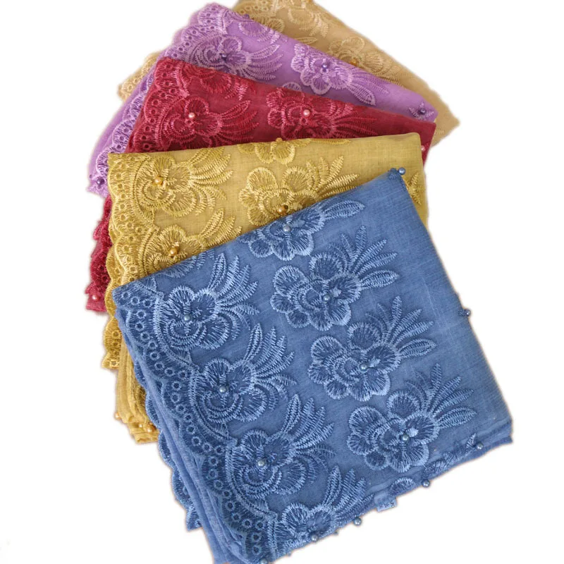 

High Quality Semi Permeable Cotton Lace Split Monochrome Women Winter Hijab Scarf Colour Nail Pearl Embroidery Shawl Echarpe
