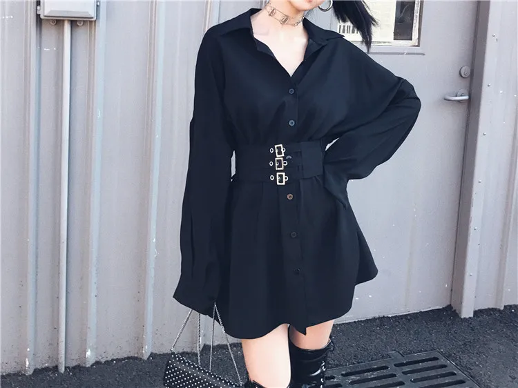  Black Pastel Gothic Long Sleeve Shirt Women Blouse Metal Belt Design Blouses For Gothic Girls Dark 