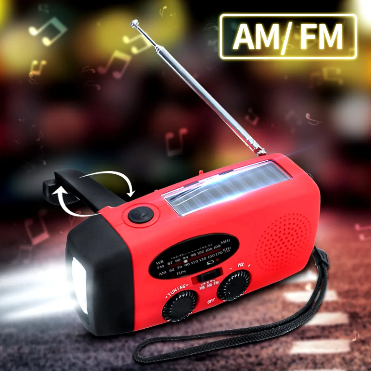 

Solar Hand Crank Wind Up 3 LED Flashlight Emergency Torch AM/FM Radio Charger USB Cable Solar Panel Powers Protection Survival