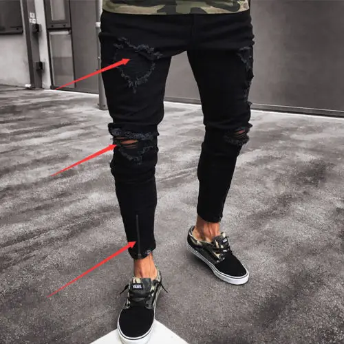 Fashion Black Hole Jean Men Ripped Skinny Jeans Destroyed Frayed Jeans Slim Fit Denim Pencil Pant Jean Zipper Size S-2XL