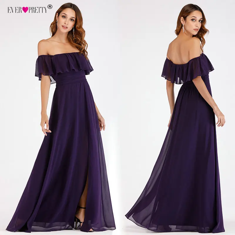 

Prom Dresses Long Ever Pretty Elegant Off-shoulder A-line Leg Slit Wedding Guest Dresses Sexy Purple Chiffon Long Party Gowns
