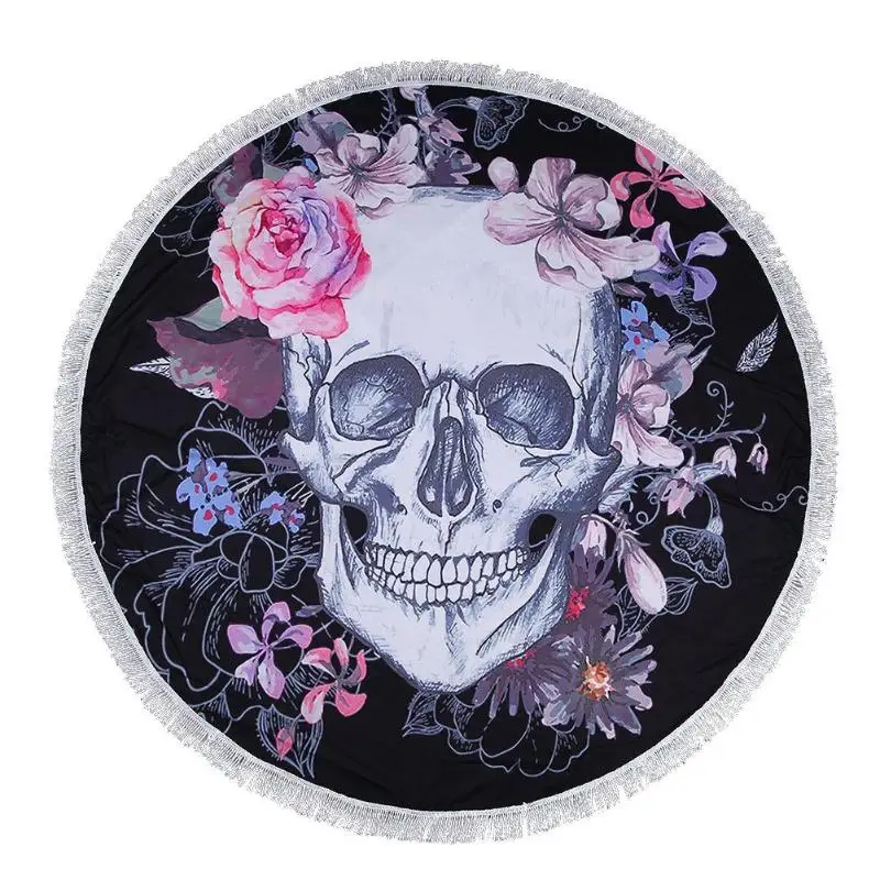 

150cm Sugar Skull Round Beach Towel Floral Tassel Hanging Tapestry Yoga Mat Picnic Blanket Tablecloth Microfiber Bath Tower