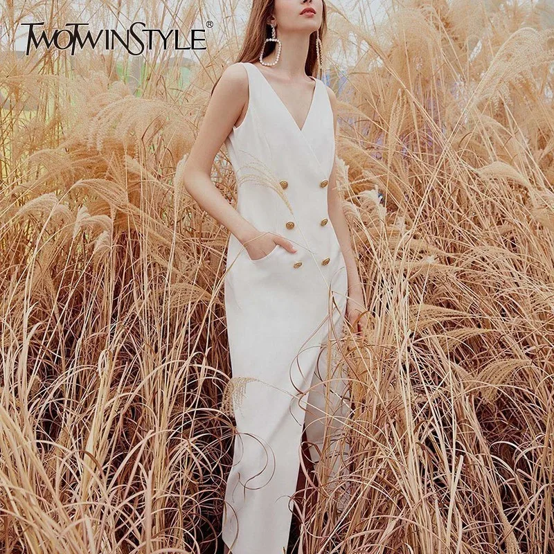 

TWOTWINSTYLE Spring Off Shoulder Dress Women V Neck High Waist Button Sleeveless Split Midi Dresses Female Fashion 2019 New