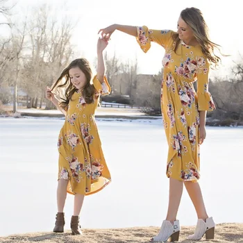

Ruffled Half sleeve Flower Print Matching Dress for Mom and Kids