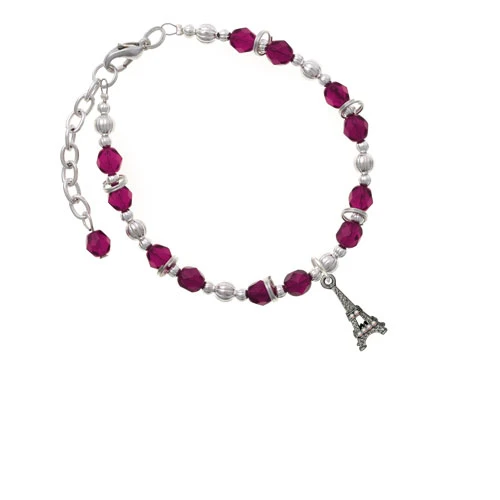 Black Nickeltone AB Crystal Eiffel Tower Magenta Beaded Bracelet |