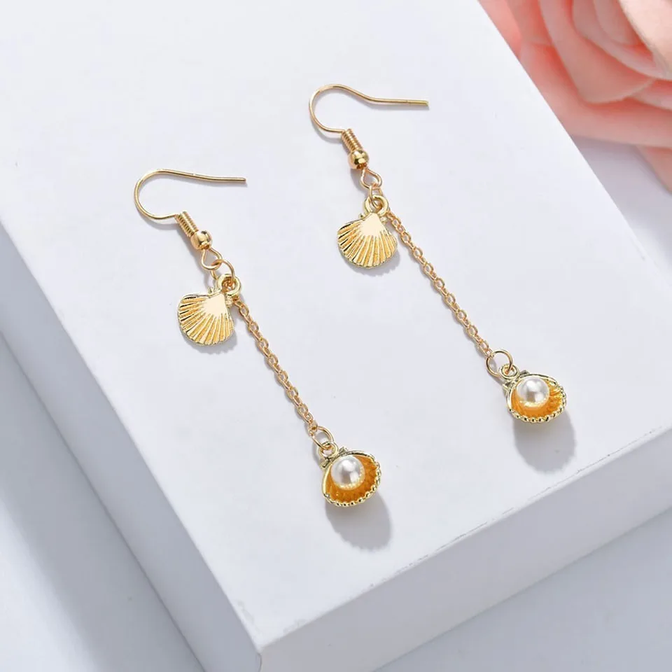 

Women Trendy Wedding Drop Earrings Double Shell With Big Pearl Earrings Cute Romantic Earrings Handmade Earring Wedding Jewelry