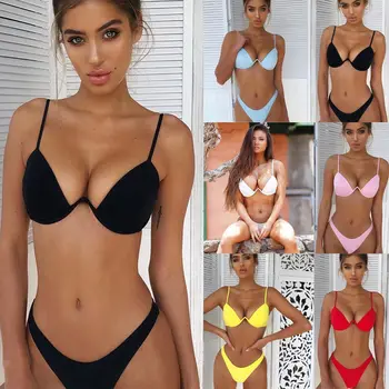 

Higin Padded Bra Thong Bikini Set Women Swimwar 2019 New Pure Color Push Up Swimsuit Biquini Women Bathing Suit Swimming Suit