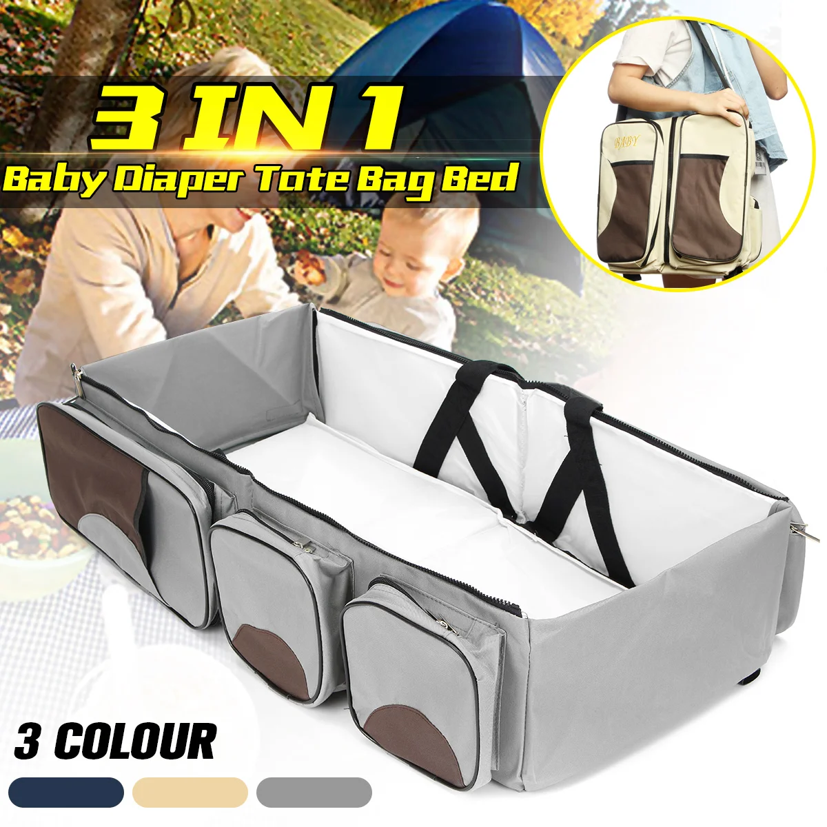 

Fashion Diapers Bag Folding Mummy Travel Baby Bed Kids Bottle Cloth Case Large Space Nappy Bag 3 in 1 Portable Nappy Nursing Bag