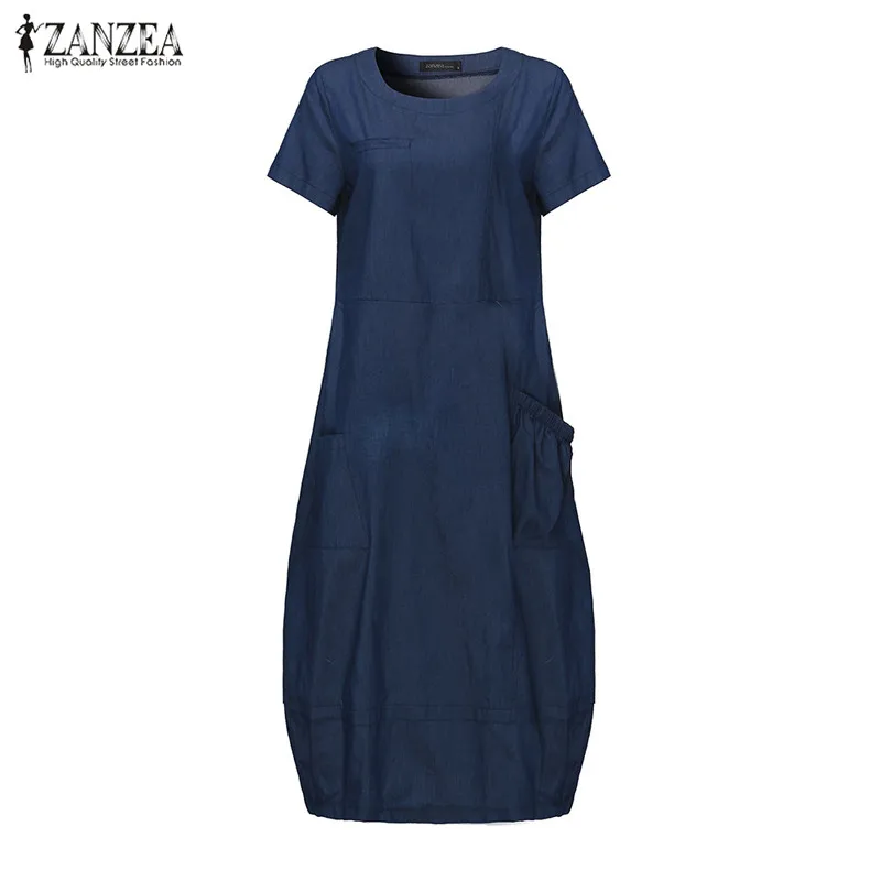 ZANZEA модное джинсовое синее платье, женское повседневное однотонное свободное платье с коротким рукавом, летнее элегантное офисное платье-рубашка для женщин