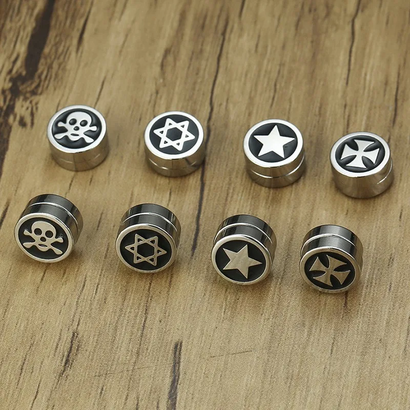 

Mens Stud Earring 10 mm Stainless Steel Skull Star of David Iron Cross Circle Magnetic Earrings Stud No Piercing faux plugs