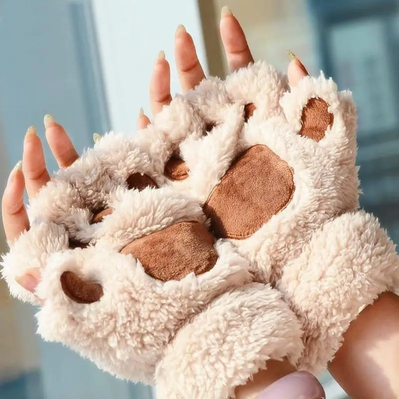 Women Cute Cat Claw Paw Plush Mittens Warm Soft Plush Short Fingerless Fluffy Bear Cat Gloves Costume Half Finger Black Beige