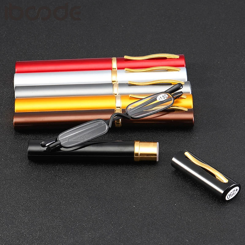 

iboode 2020 Mini Portable Reading Glasses Metal Women Men Spring Leg Presbyopic Eyeglasses With Pen Tube Case +1.0 To+4.0 Unisex