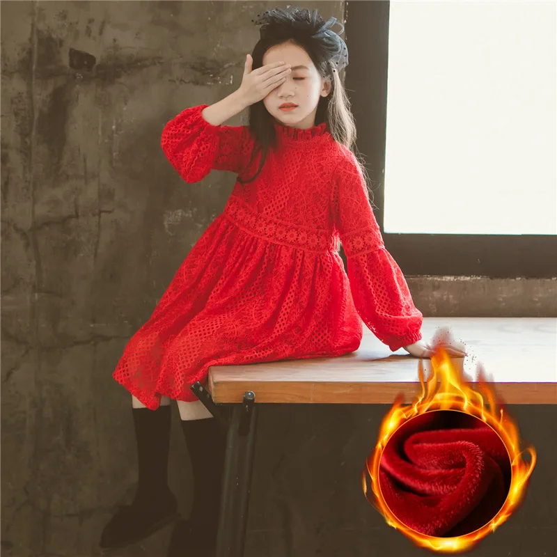 

Spring Lace Girls Dress Fancy Children Princess Dress Formal Kid Dresses For Girl Winter Thicken Warm Red Children Clothing