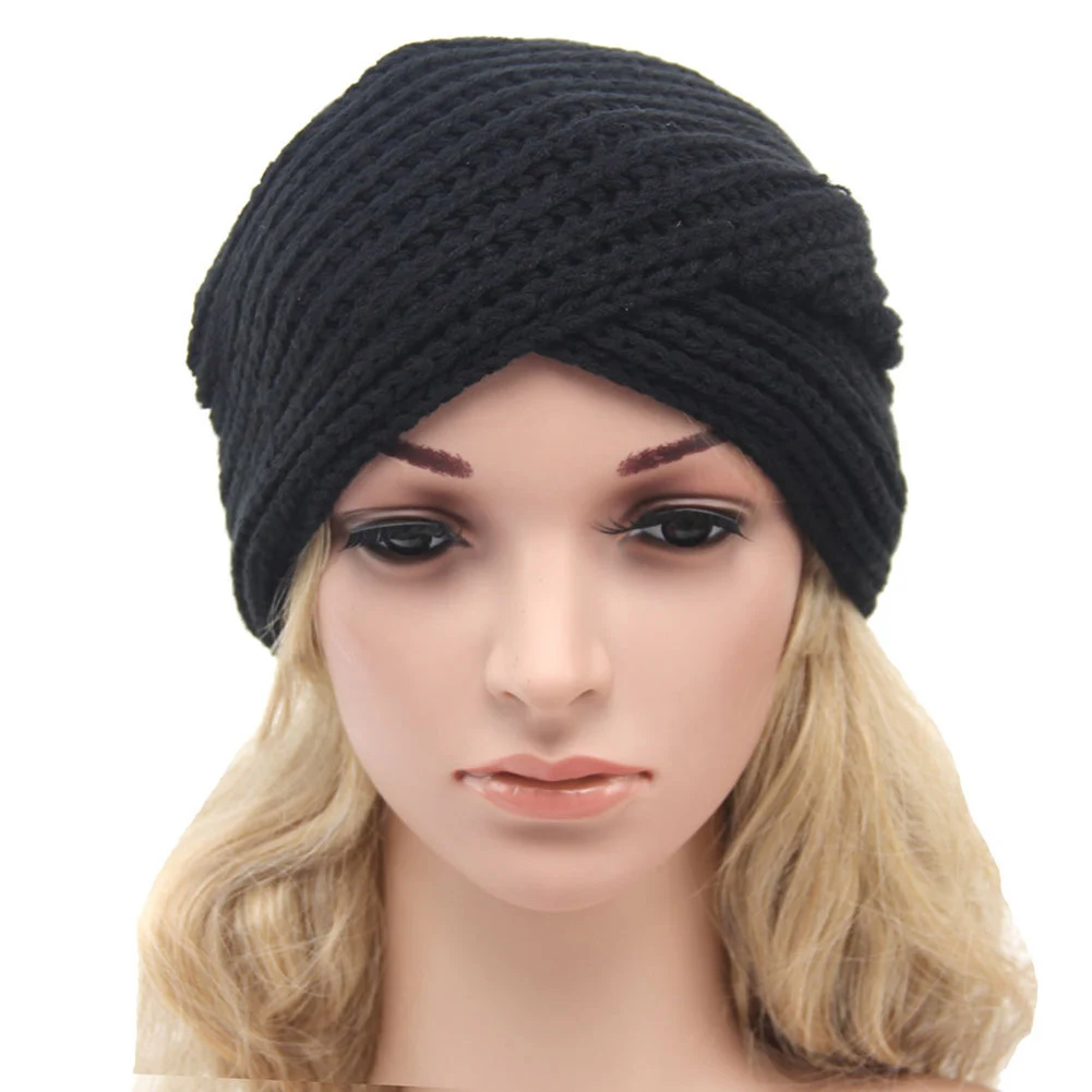 Women Fashion Skullies Beanies 1Pc Cross Crochet Knitted Wool Turban