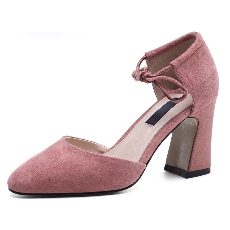 

Women Genuine Leather Sandals 8 CM Chunky Heels Summer Style Dress Shoes Lace-up Sexy Woman Pumps Box Packing sf611