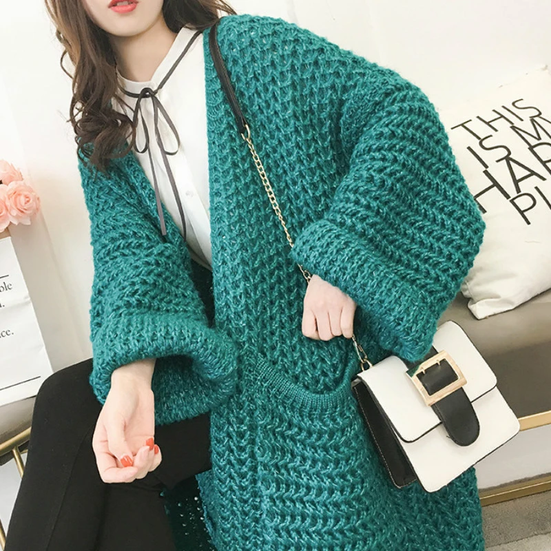 Chaqueta de punto gruesa de lana gruesa abrigo Otoño Invierno manga larga de llamarada perezosa gruesa suéter chaqueta largos OL Tops|Caquetas de punto| - AliExpress