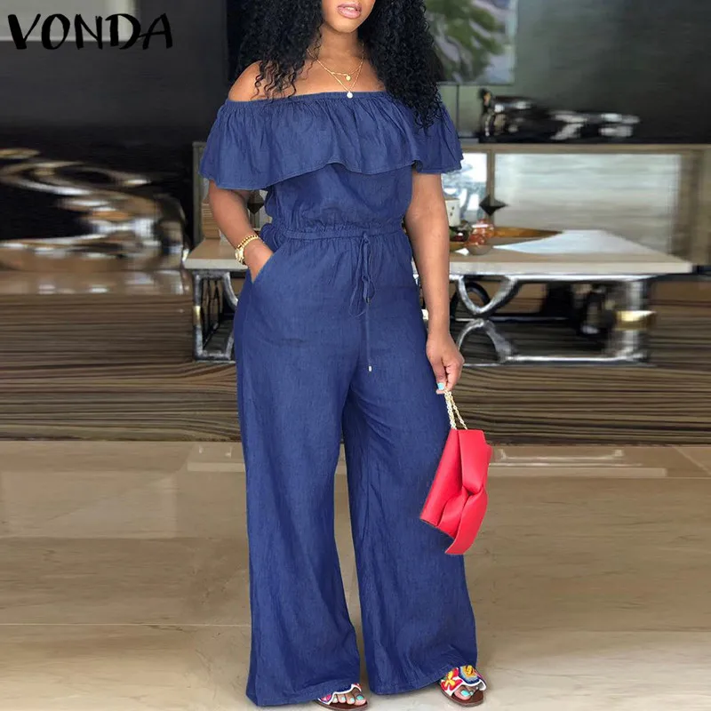 

VONDA Denim Rompers Womens Jumpsuit 2019 Sexy Slash Neck Off Shoulder Ruffles Playsuit Plus Size Wide Leg Pants Summer Overalls