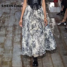 Подиумная, Женская длинная юбка с принтом, высокая талия, вечерние, Женская юбка, элегантная, плиссированная, уличная мода, макси юбка