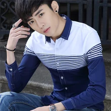 camisa 2019 Spring Fashion New Pattern Long Sleeve Shirt Male Trend Split Joint Stripe Youth Leisure Man streetwear Best Blue fashion easy matched stripe pattern shirt