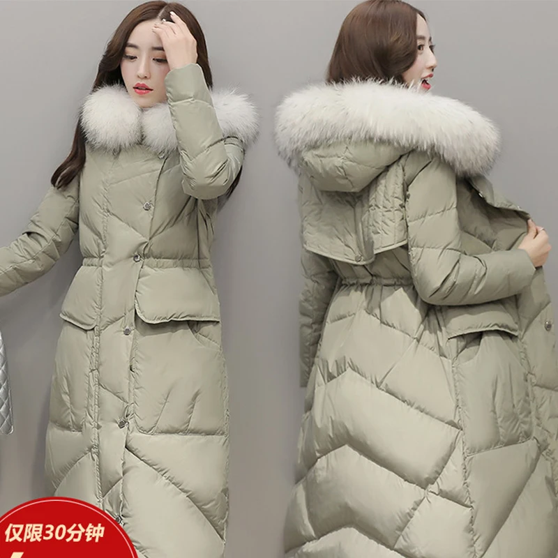 Зимний женский длинный пуховик, пальто, верхний уровень, утиный пух, сохраняющий тепло, Женское пальто размера плюс, с капюшоном, меховой воротник, куртки PJ341