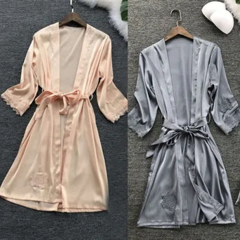 

2018 Brand New Fashion Ladies Lace Satin Long Sleeve Sleepwear Night Gown Babydoll Solid Casual Mini Dress Nightie Robe