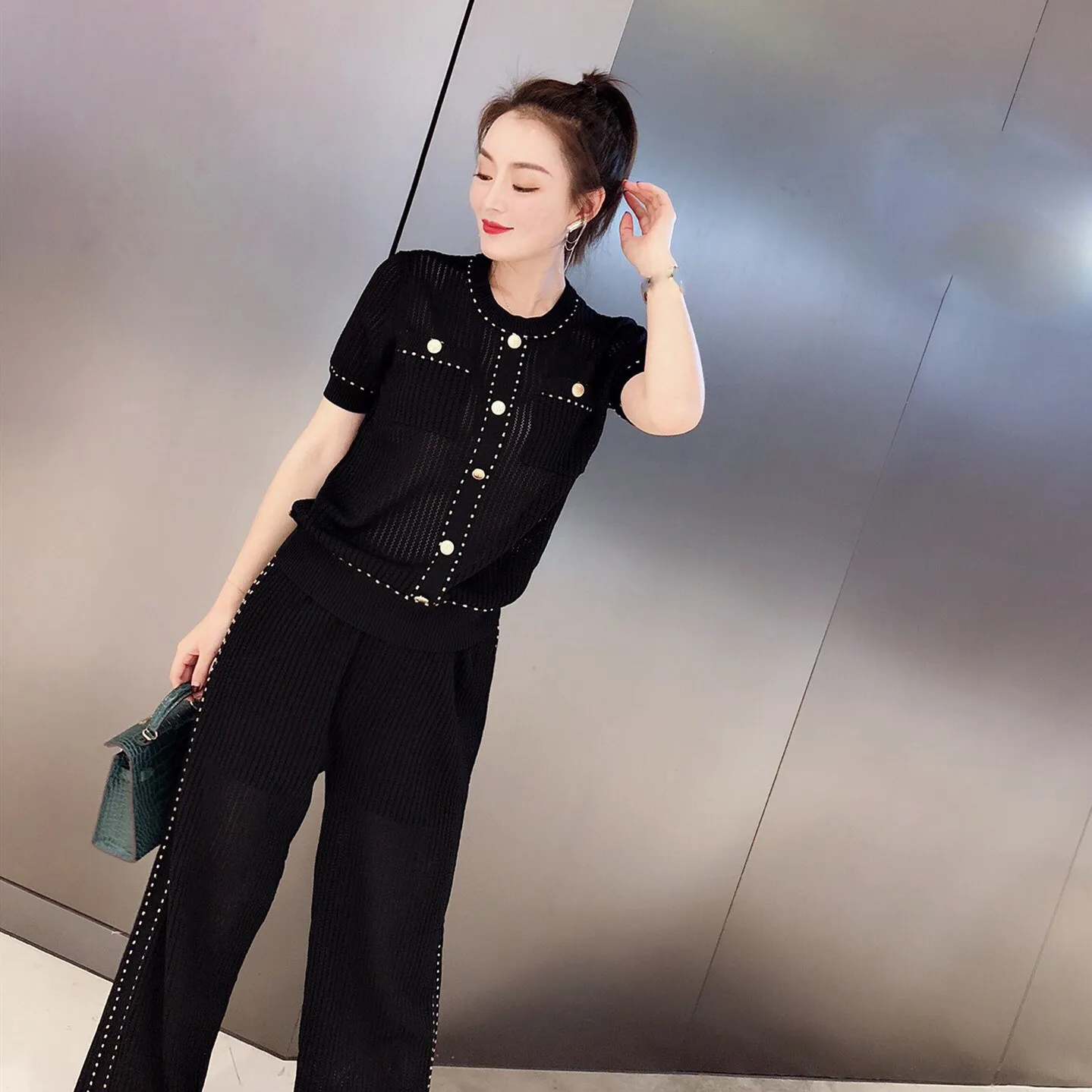 

Summer Women Single-Breasted Knitting Tops Wide Leg Pants 2Pcs Sets Casual Short Sleeve Knit Trousers Suits